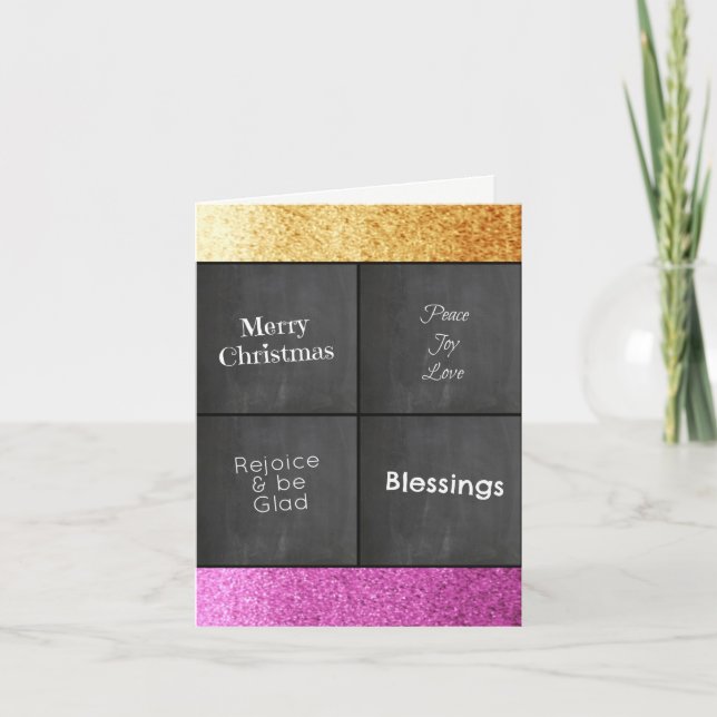 Chalk Board Gold and Pink Faux Glitter Christmas Holiday Card (Front)