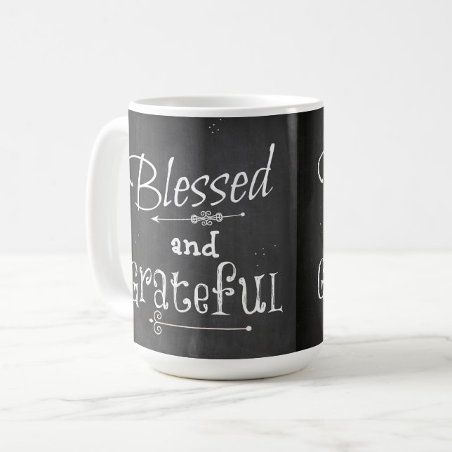 Chalk Board Typography Blessed and Grateful Coffee Mug (Front Left)