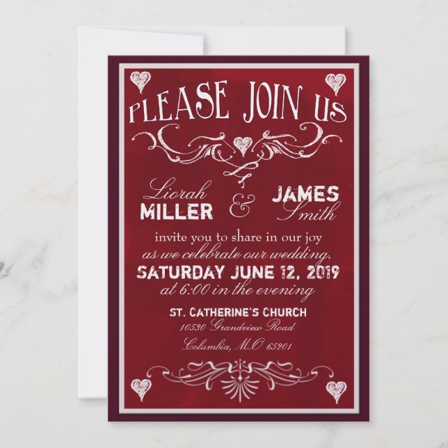 Chalk board Wedding Invitation in deep red (Front)