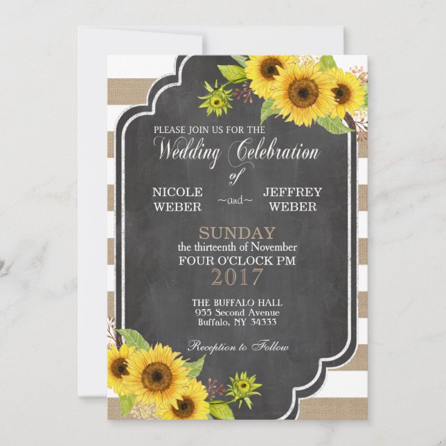 Chalk Burlap Floral Wedding Sunflower Invitation (Front)