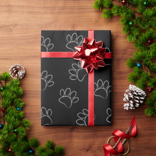 Chalk Cartoon Dog Paw Prints And Red Hearts Wrapping Paper