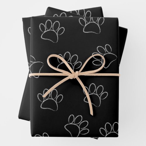 Chalk Cartoon Dog Paw Prints And Red Hearts Wrapping Paper Sheets