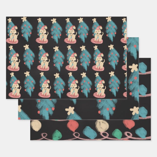Chalk Christmas Dog Doodles Festive Holiday Wrapping Paper Sheets (Set)