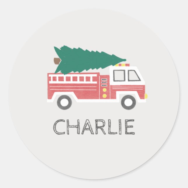 Chalk Classic Christmas Tree on a Firetruck Classic Round Sticker (Front)