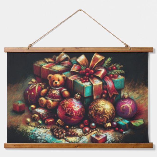 Chalk Drawing Christmas Bear Gift Candy Ornament Hanging Tapestry (Front)