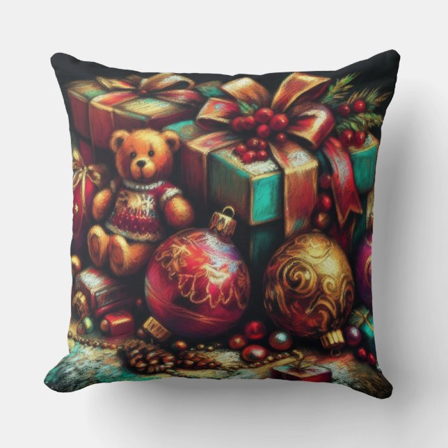 Chalk Drawing Christmas Bear Gift Candy Ornament Throw Pillow (Front)