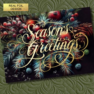 Chalk Drawing Christmas Floral Season's Greetings Foil Holiday Card