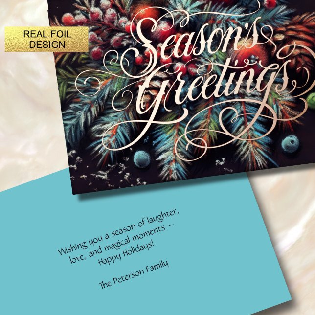 Chalk Drawing Christmas Floral Season's Greetings Foil Holiday Card (Creator Uploaded)