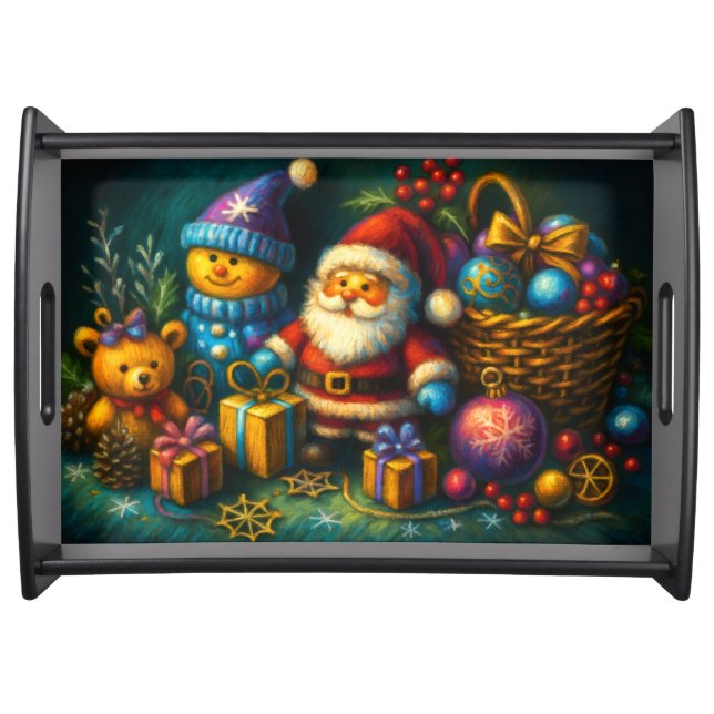 Chalk Drawing Cute Christmas Scene Toys Ornaments Serving Tray (Front)