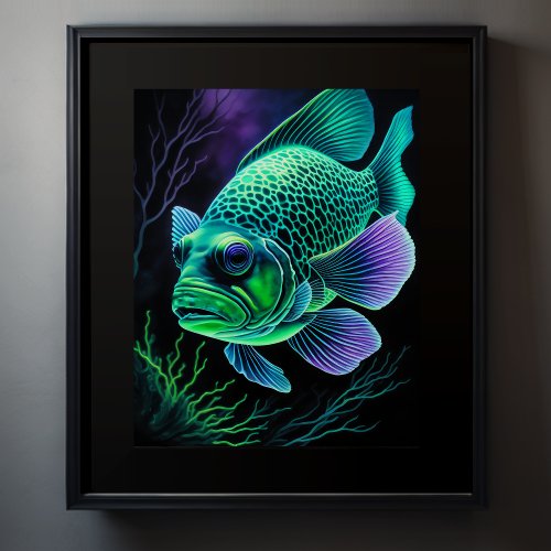 Chalk Drawing of Fish on Black Green Poster