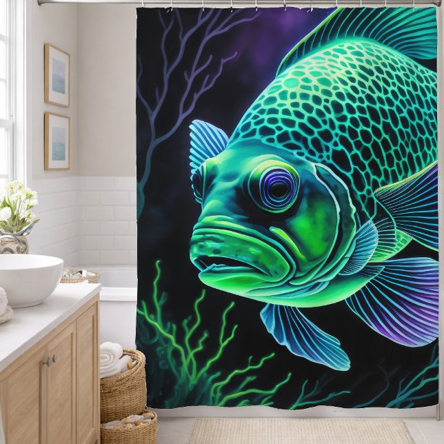 Chalk Drawing of Fish on Black Green Shower Curtain (Creator Uploaded)