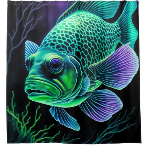 Chalk Drawing of Fish on Black Shower Curtain