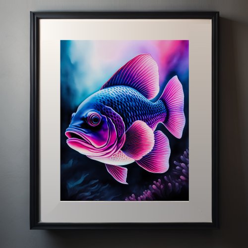 Chalk Drawing of Fish on Black V Poster