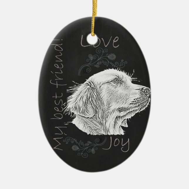 Chalk Drawing of Golden Retriever Ceramic Ornament (Front)