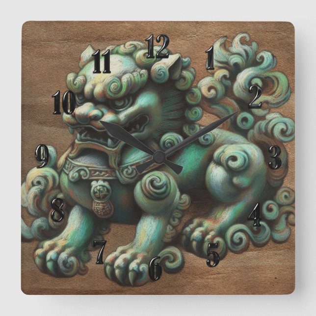 Chalk Drawing of Jade Foo Dog Square Wall Clock (Front)