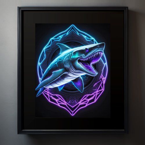 Chalk Drawing of Shark on Black Poster