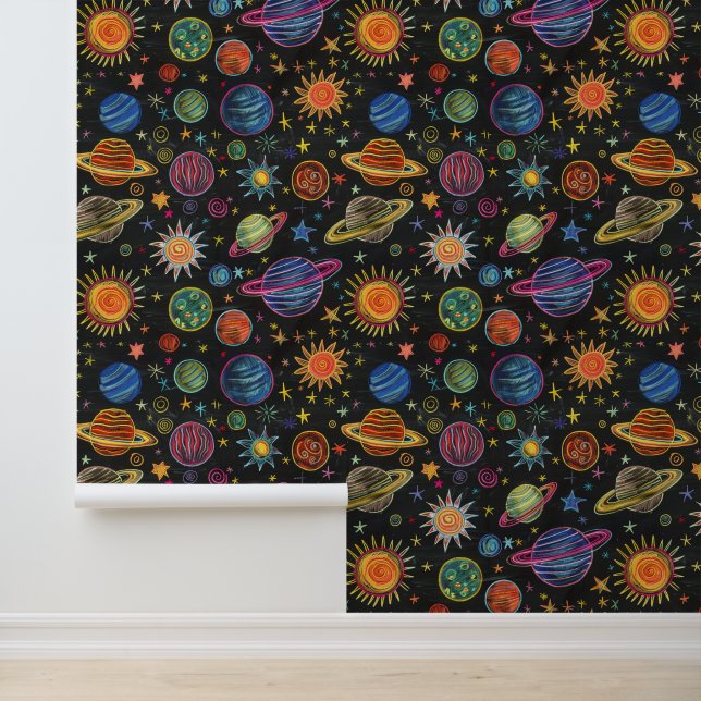 Chalk drawing of solar system on black board wallpaper  (Application)