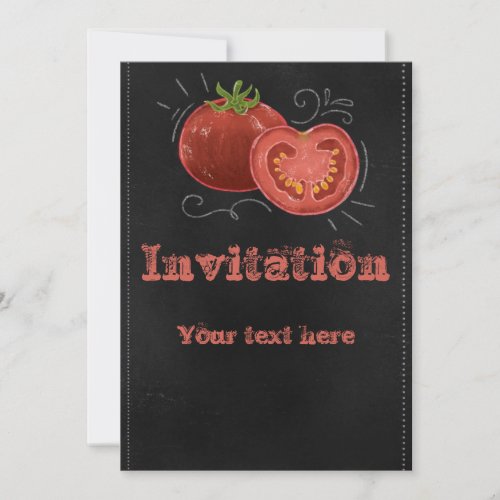 Chalk drawing of tomato on black board invitation