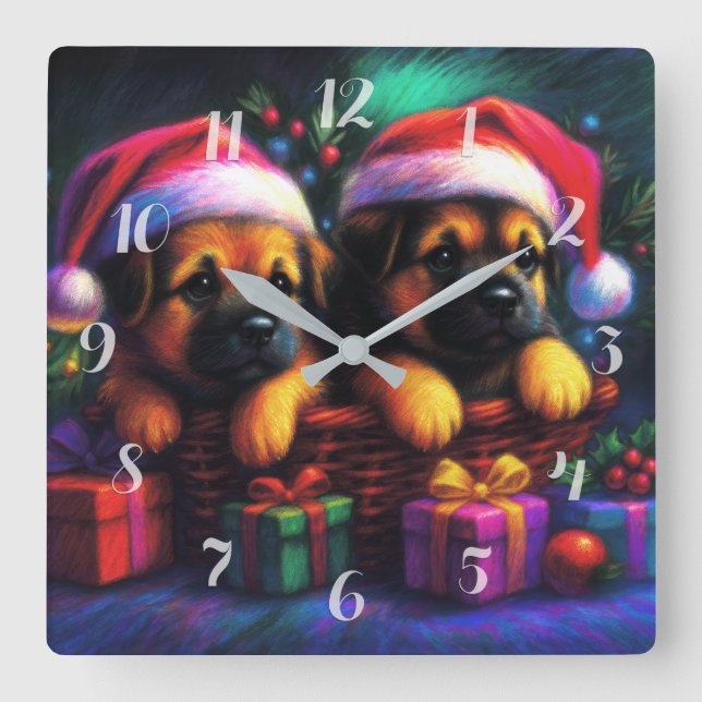 Chalk Drawing Two Cute Puppies in Santa Hats Square Wall Clock (Front)