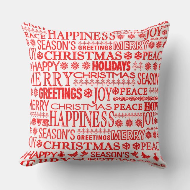 Chalk Drawn Christmas Greeting In Red And White Throw Pillow (Front)