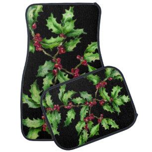 Chalk Drawn Holly and Berry Branch Car Floor Mat