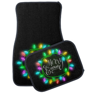 Chalk Drawn Merry and Bright with String of Lights Car Floor Mat