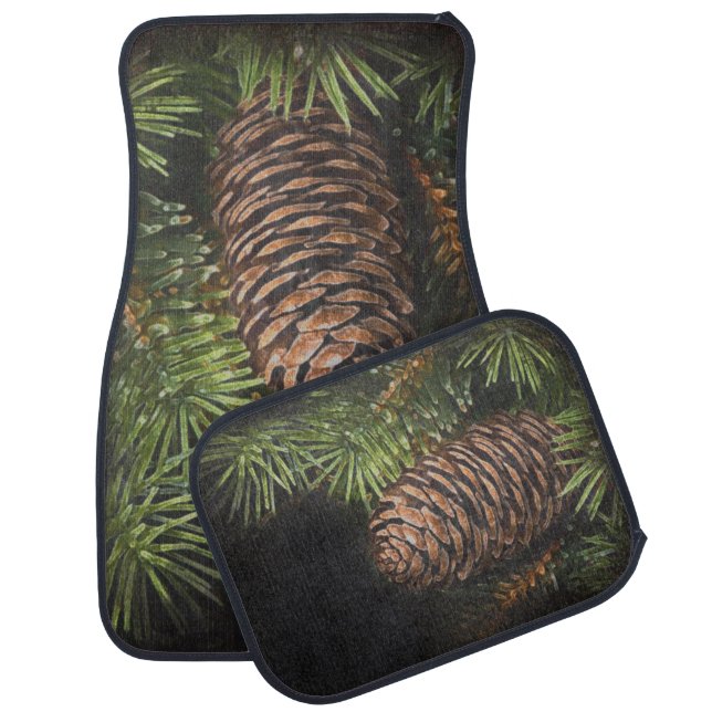 Chalk Drawn Pine Cone and Pine Needles Car Mat (Set)