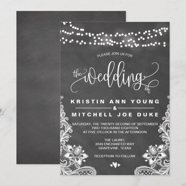 Chalk Hanging Lights and Lace Wedding Invitation (Front/Back)