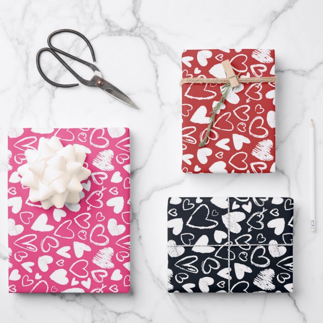 Chalk Heart Doodle Cute Valentine's Day Pattern Wrapping Paper Sheets (Front)