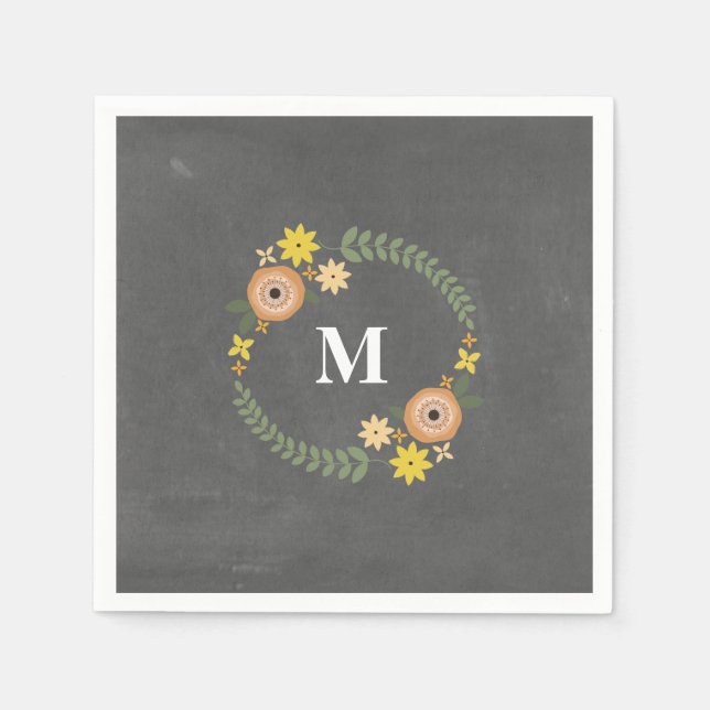 Chalk Inspired Monogram Wreath Wedding Napkins (Front)