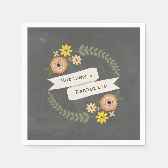 Chalk Inspired Wreath Wedding Napkins (Front)