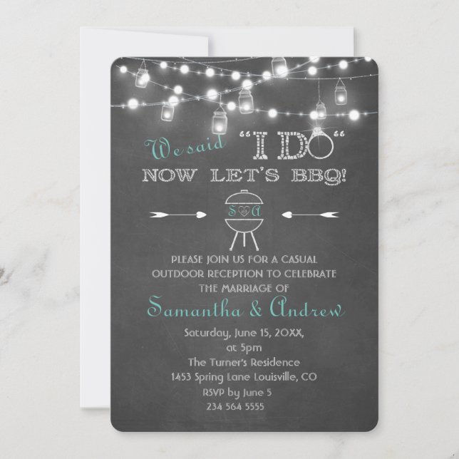 Chalk Mason Jars String Lights I DO BBQ Invitation (Front)