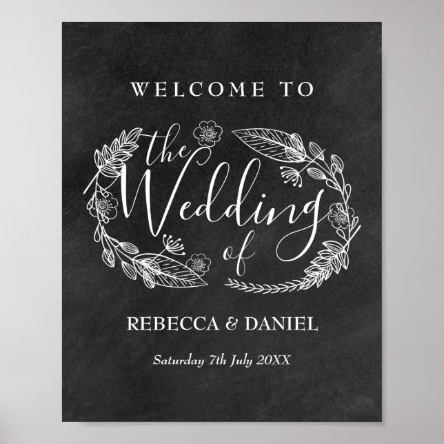 Chalkboad Hand-drawn Floral Garland  Welcome Poster (Front)