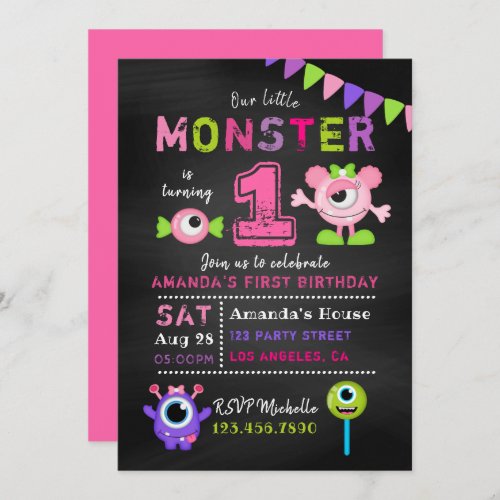Chalkboard 1st Birthday Little Monster Girl Party Invitation