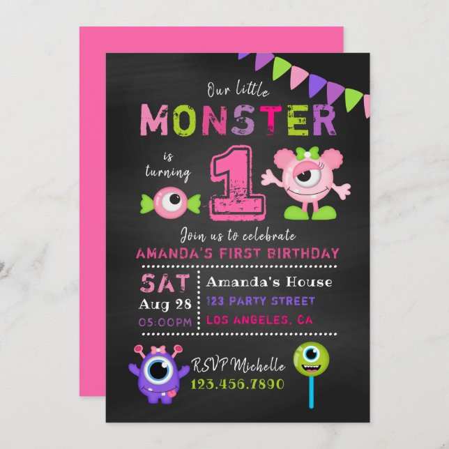 Chalkboard 1st Birthday Little Monster Girl Party Invitation (Front/Back)