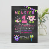 Chalkboard 1st Birthday Little Monster Girl Party Invitation (Standing Front)