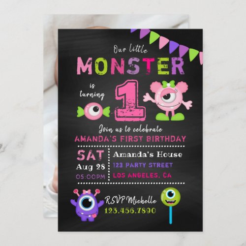 Chalkboard 1st Birthday Little Monster Girl Party Invitation