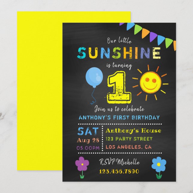 Chalkboard 1st Birthday Little Sunshine Boy Party Invitation (Front/Back)