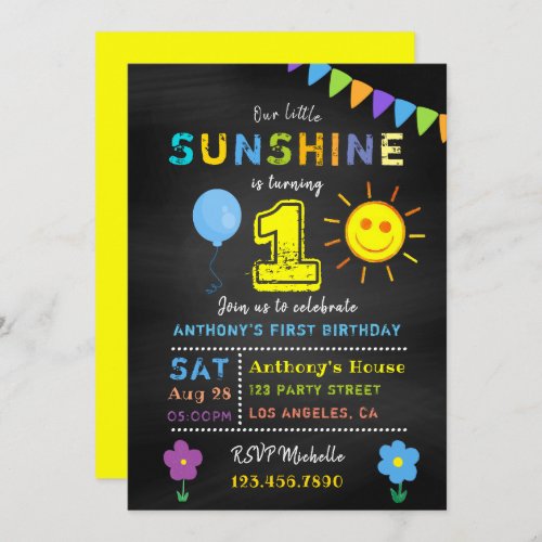Chalkboard 1st Birthday Little Sunshine Boy Party Invitation