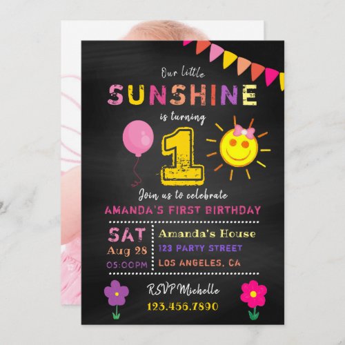 Chalkboard 1st Birthday Little Sunshine Girl Party Invitation