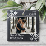 Chalkboard 1st Christmas Mr. & Mrs. Photo  Ceramic Ornament<br><div class="desc">Customize this ornament with your wedding photo and add your last name along with the year for this great Christmas keepsake.</div>