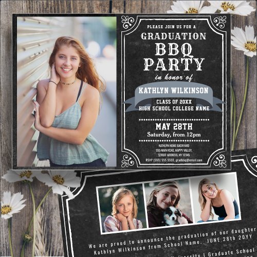 Chalkboard 4 Photo Simple Graduation BBQ Party Invitation