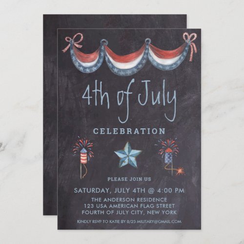 Chalkboard 4th of July Vintage Patriotic Party  Invitation - Vintage Chalkboard 4th of July Party Invitations. Invite friends and family to your patriotic fourth of July celebration with these rustic 4th of July party invitations. Personalize this patriotic invitation with your event, name, and party details.
See our collection for matching patriotic 4th of July gifts ,party favors, and supplies. COPYRIGHT © 2021 Judy Burrows, Black Dog Art - All Rights Reserved. Chalkboard 4th of July Vintage Patriotic Party Invitation 