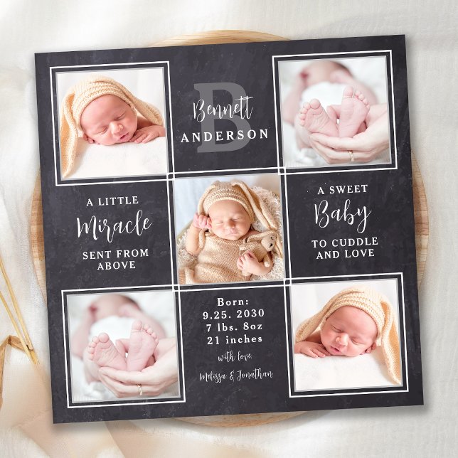 Chalkboard 5 Photo Collage New Baby Stats Birth Announcement (Creator Uploaded)