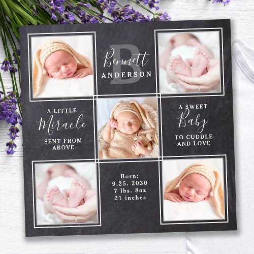 Chalkboard 5 Photo Collage New Baby Stats Birth Thank You Card