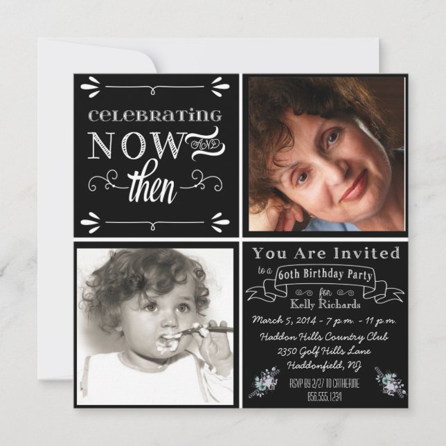 Chalkboard 60th Birthday Square Photo Invitation (Front)