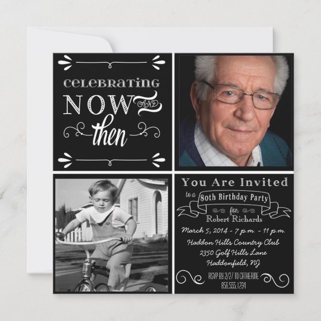 Chalkboard 80th Birthday Square Photo Invitation (Front)