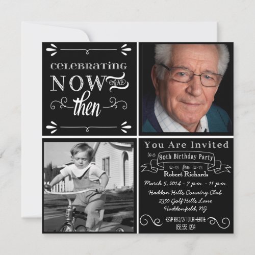 Chalkboard 80th Birthday Square Photo Invitation