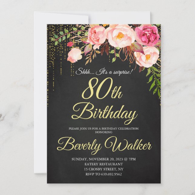 Chalkboard 80th Surprise Floral Women Birthday Invitation (Front)