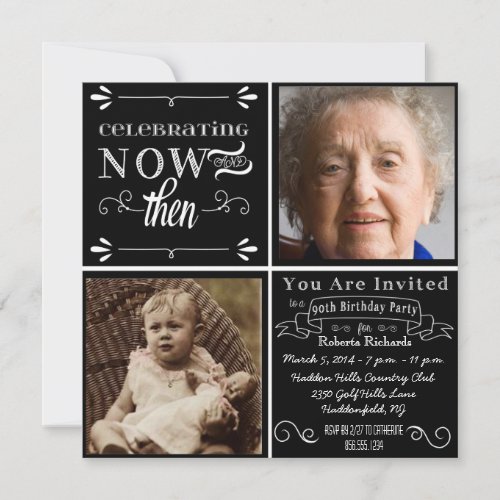 Chalkboard 90th Birthday Square Photo Invitation